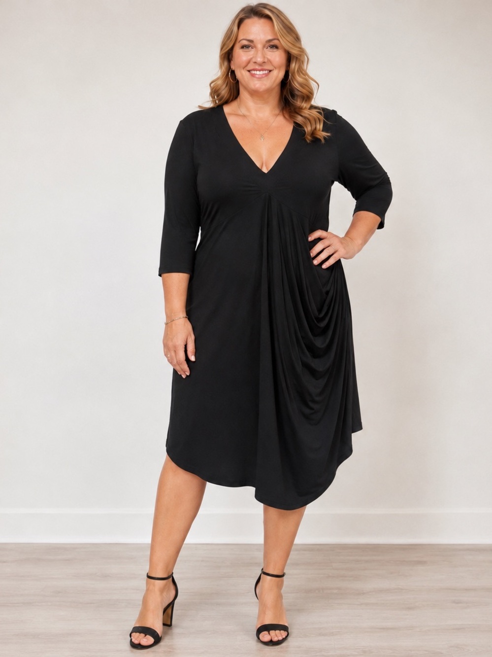 Sympli Black Asymmetrical Draped V-Neck Stretch Knit Dress